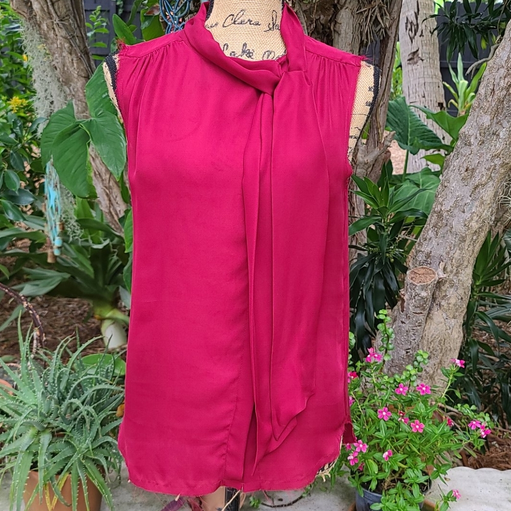 NSF burgundy silk sleeveless top, raw edges. Size S. Gently worn